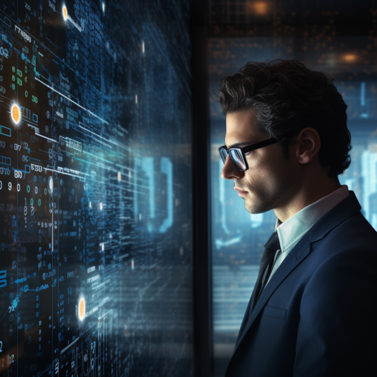 A man in a suit staring at a computerised wall with data on it