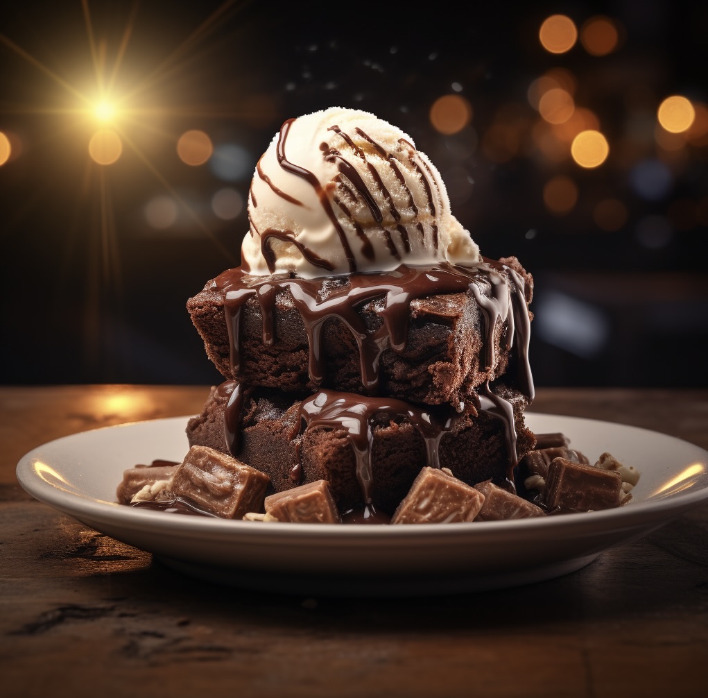Delicious chocolate brownies topped with chocolate sauce and ice cream.