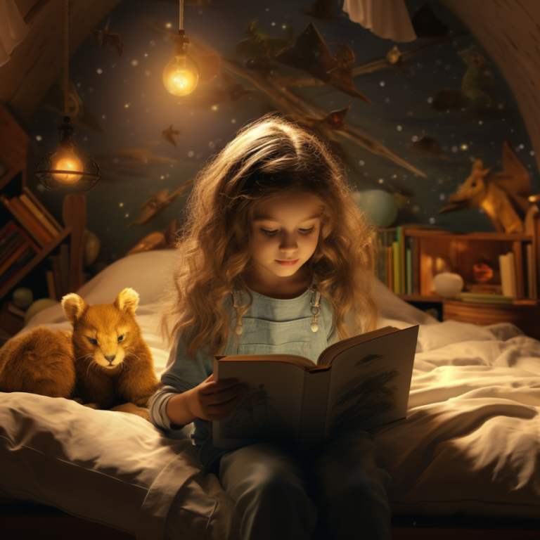 A young girl reading a book in her bed.