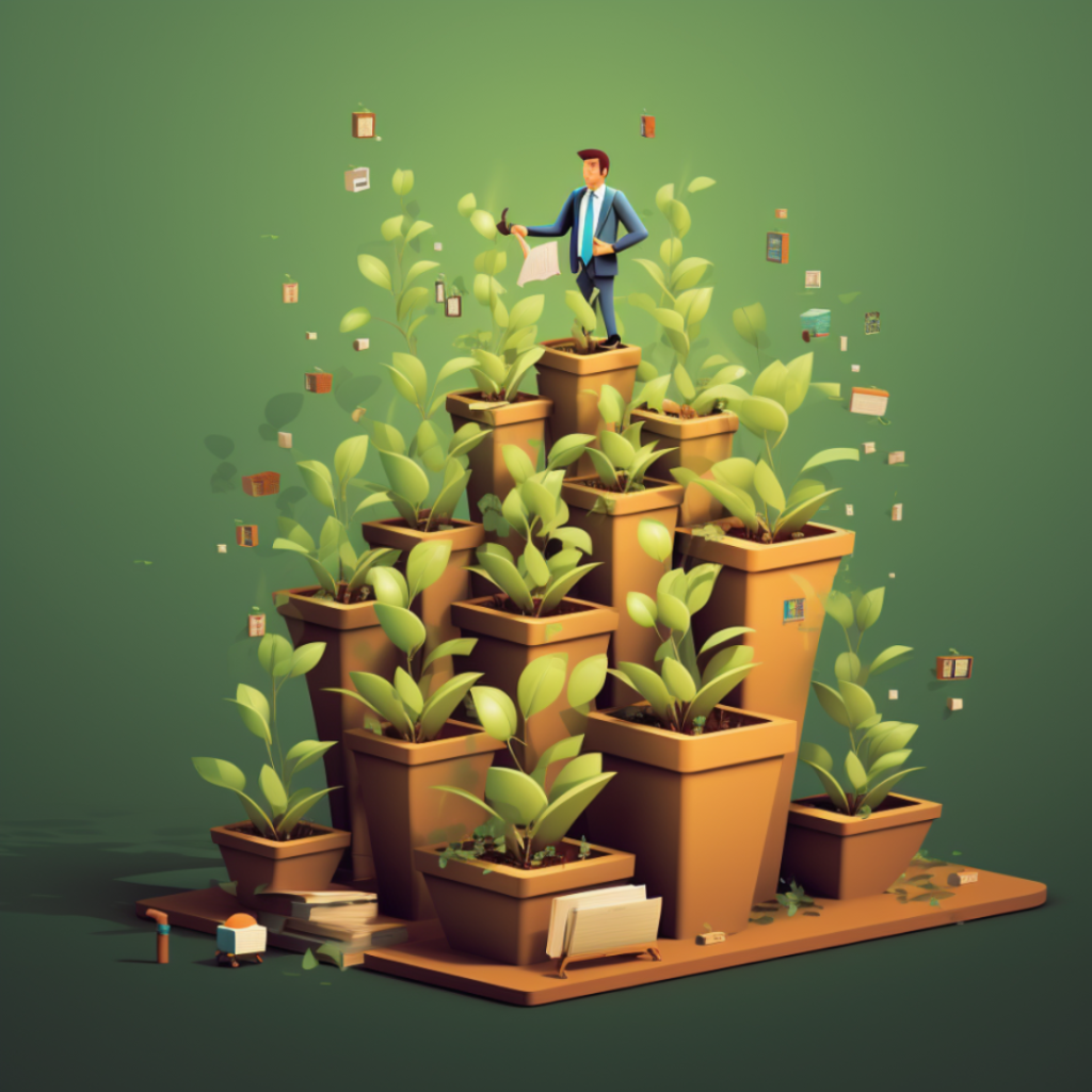A business man stands on top of a lot of plant pots growing money midjourney image