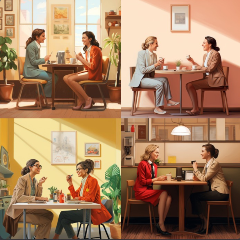 A collage of four images of women sitting at tables in various locations having a conversation midjourney image