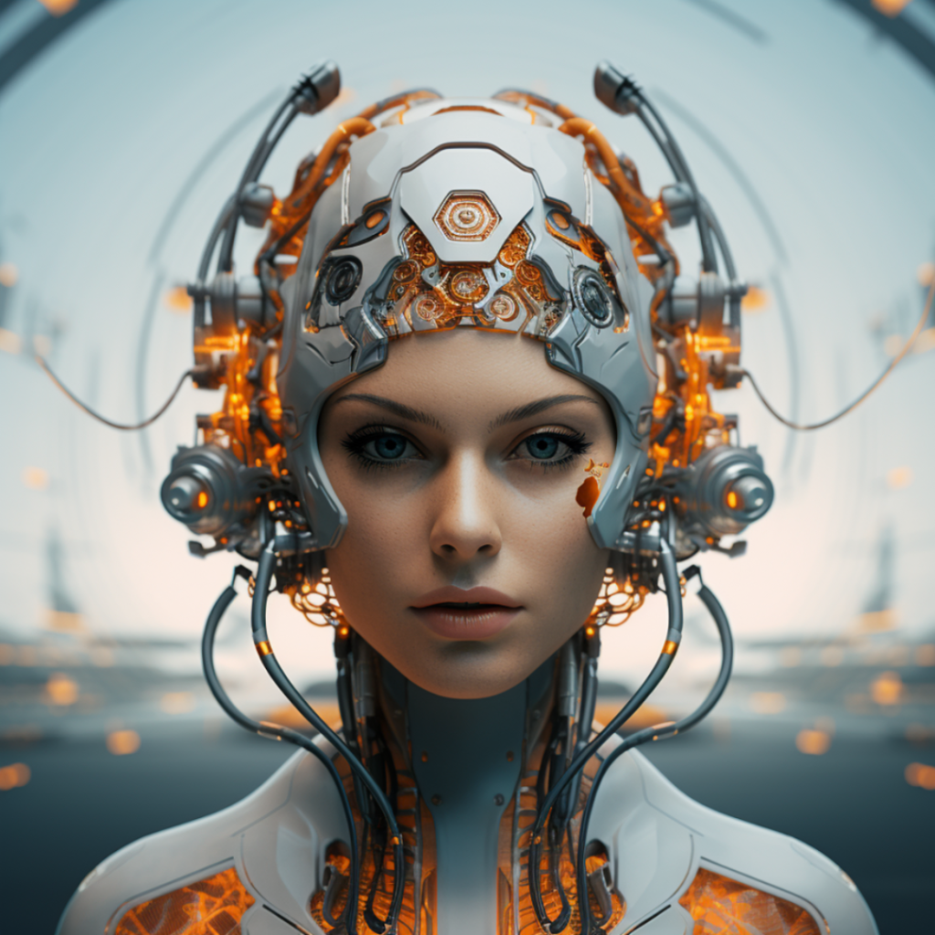 A female cyborg stands staring directly forward midjourney image