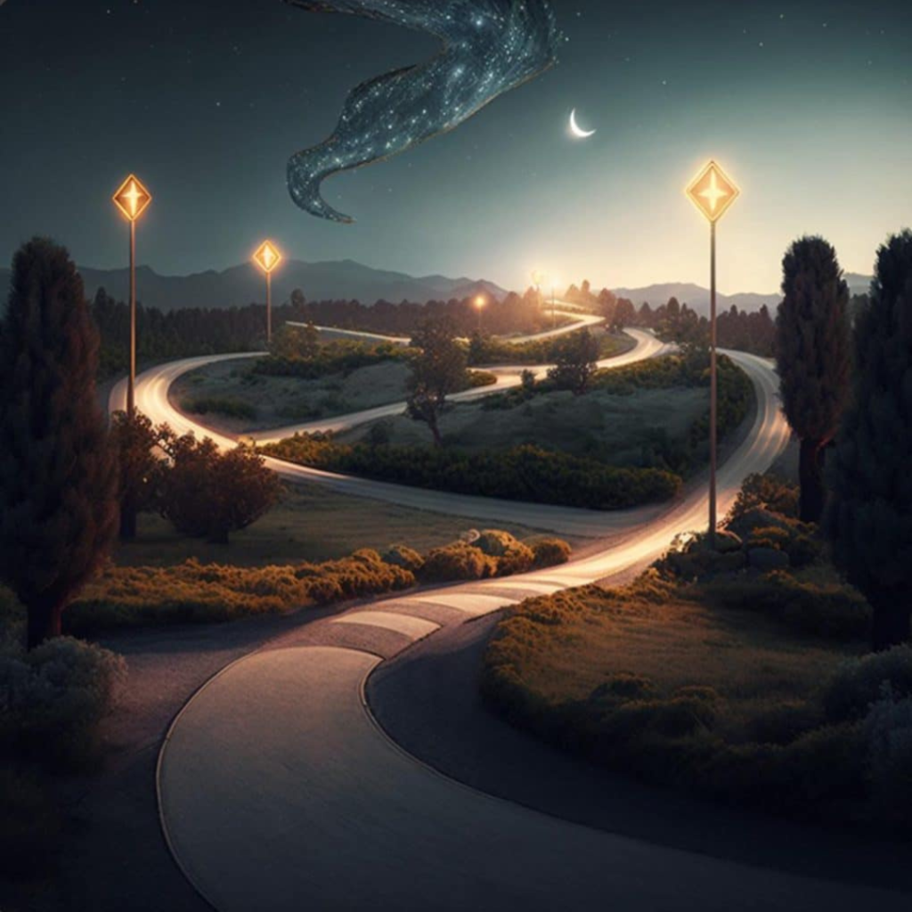 A long and winding road at dusk with street lamps lighting the path midjourney image
