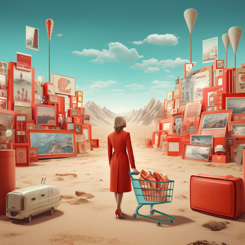 A woman in a red blazer and skirt with a shopping troley looks out on a desert scene with large computer screens either side of her midjourney image