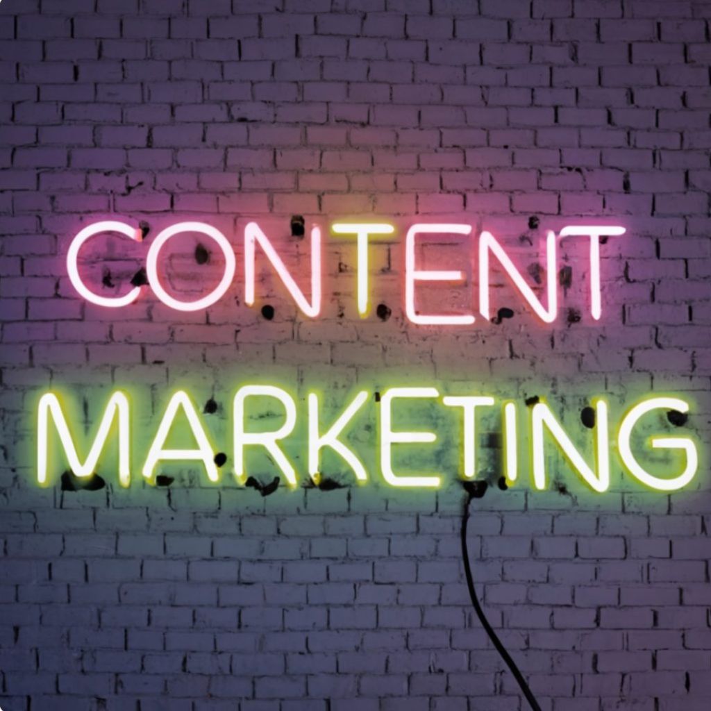Neon lights spelling out the words Content Marketing against a brick wall midjourney image