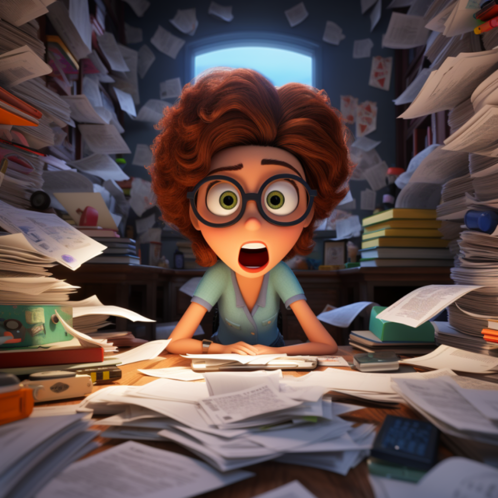 Pixar style cartoon of woman with glasses and brown curly hair surrounded by lots of paperwork midjourney image