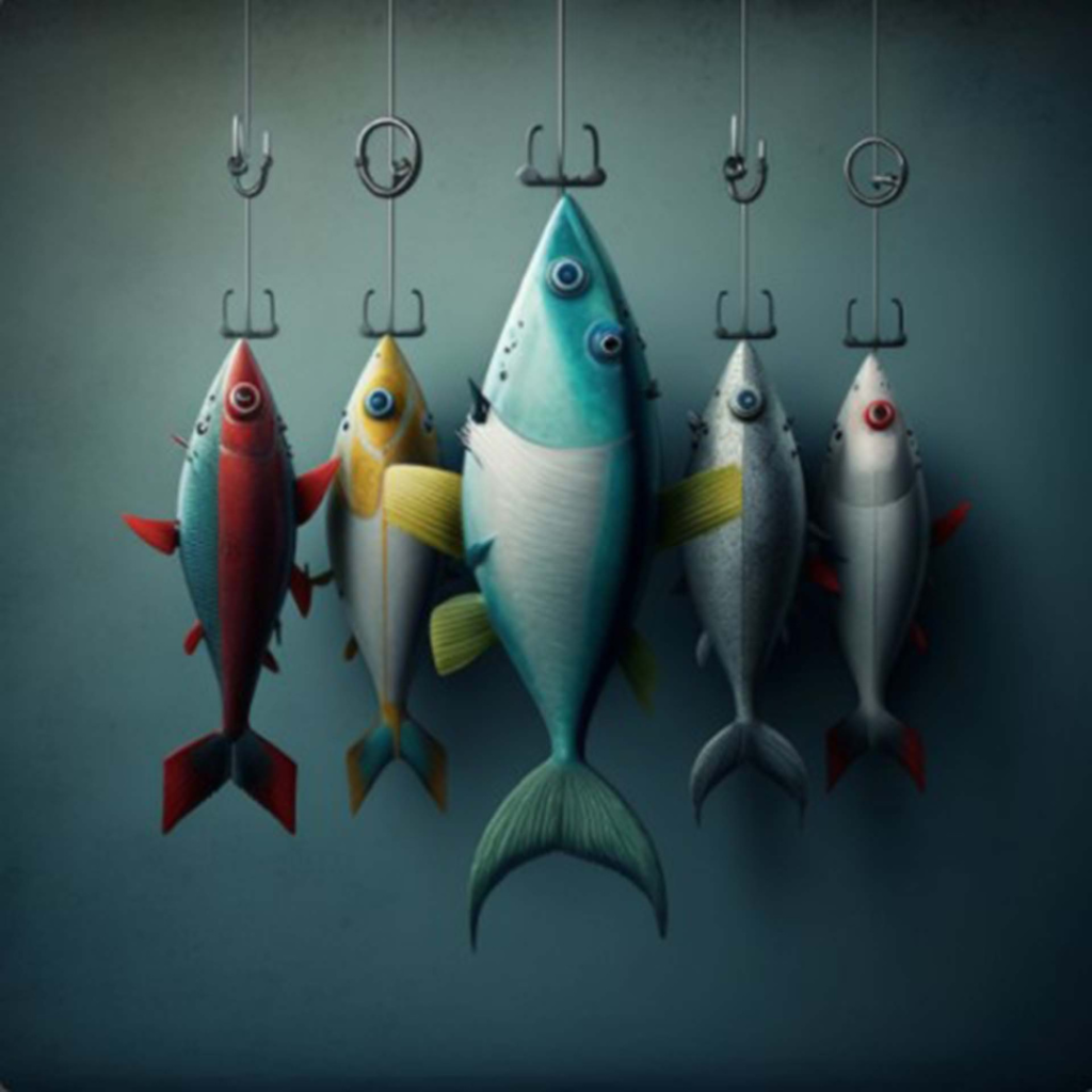 Several fish hanging from hooks against a blue wall midjourney image