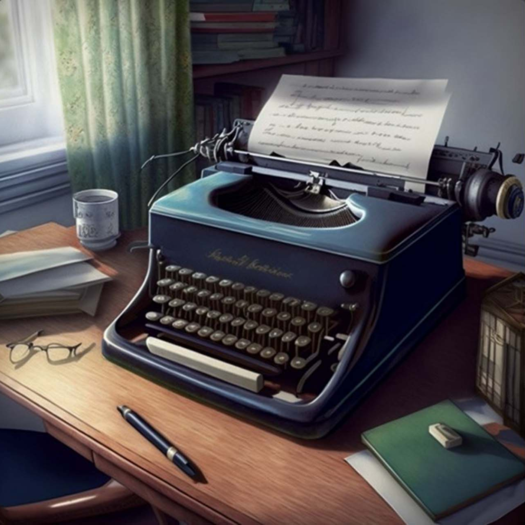 Typewriter with partially written paper loaded in it standing on a wooden desk midjourney image