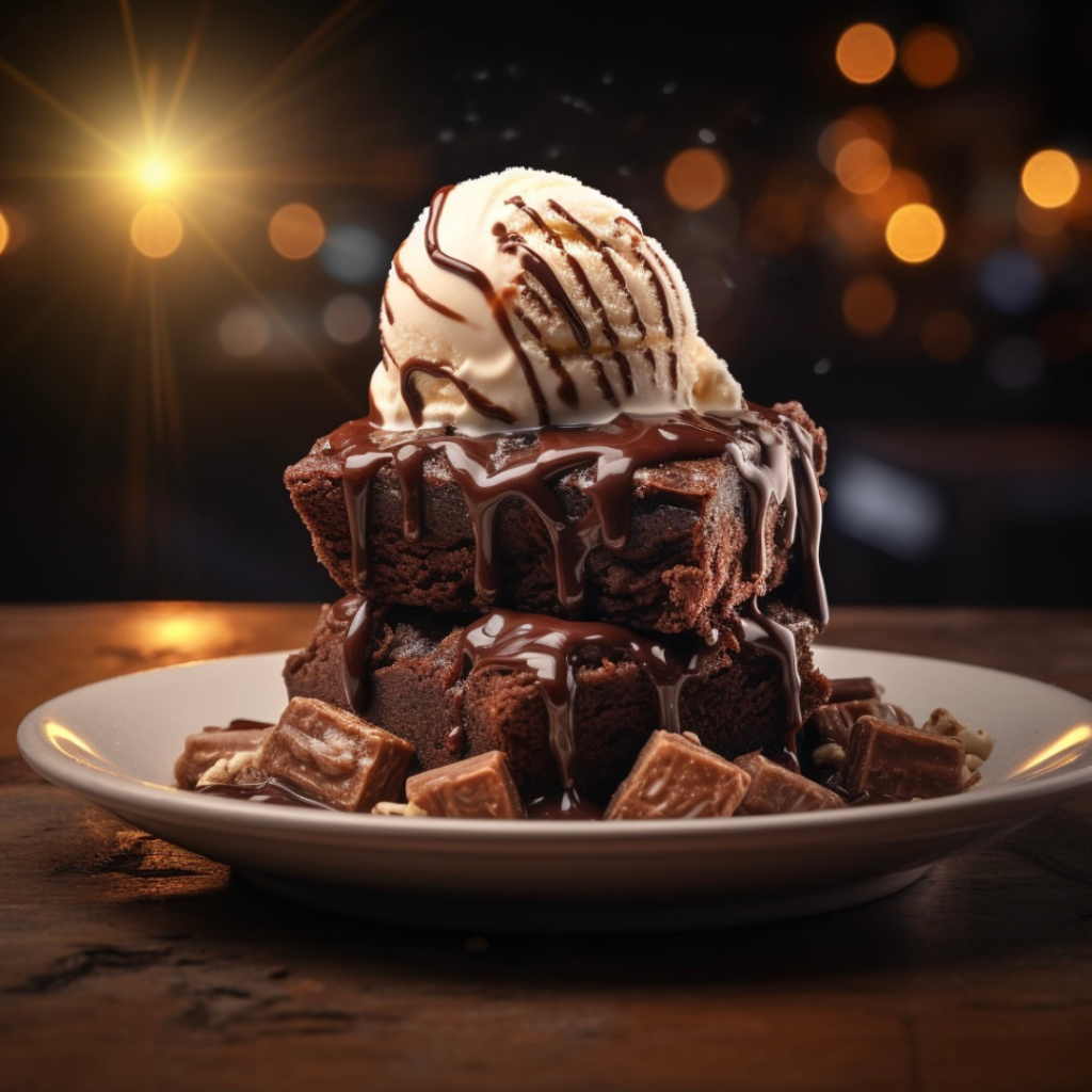 chocolate brownie cake with vanilla ice cream on top with chocolate sauce midjourney image