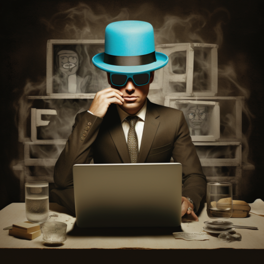 man in suit and bright blue bowler hat sitting in office in front of laptop midjourney image