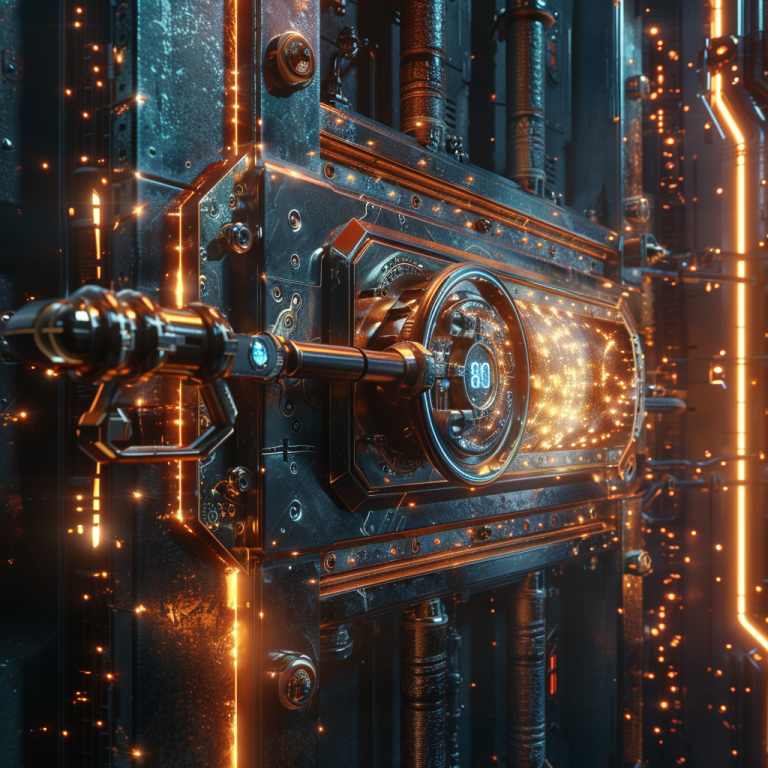 An AI generated image of a vault door with gold sparks floating all around. To